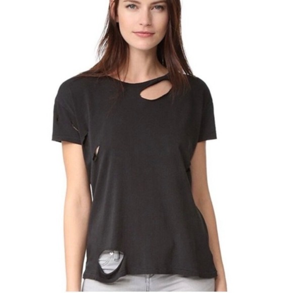 ANINE BING Black Distressed Cutout Tee Shirt Womens Size XS